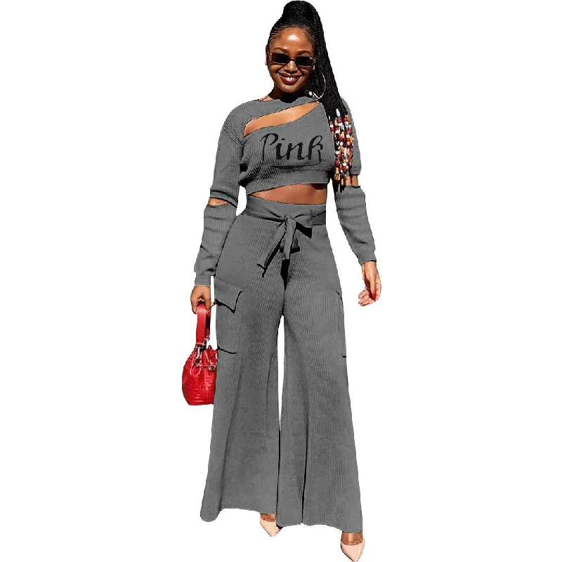 2 Piece Set Women Modest Casual Fall 2pcs Women Pit Cloth Hollow Long Slit Sleeve Belted Pants Set