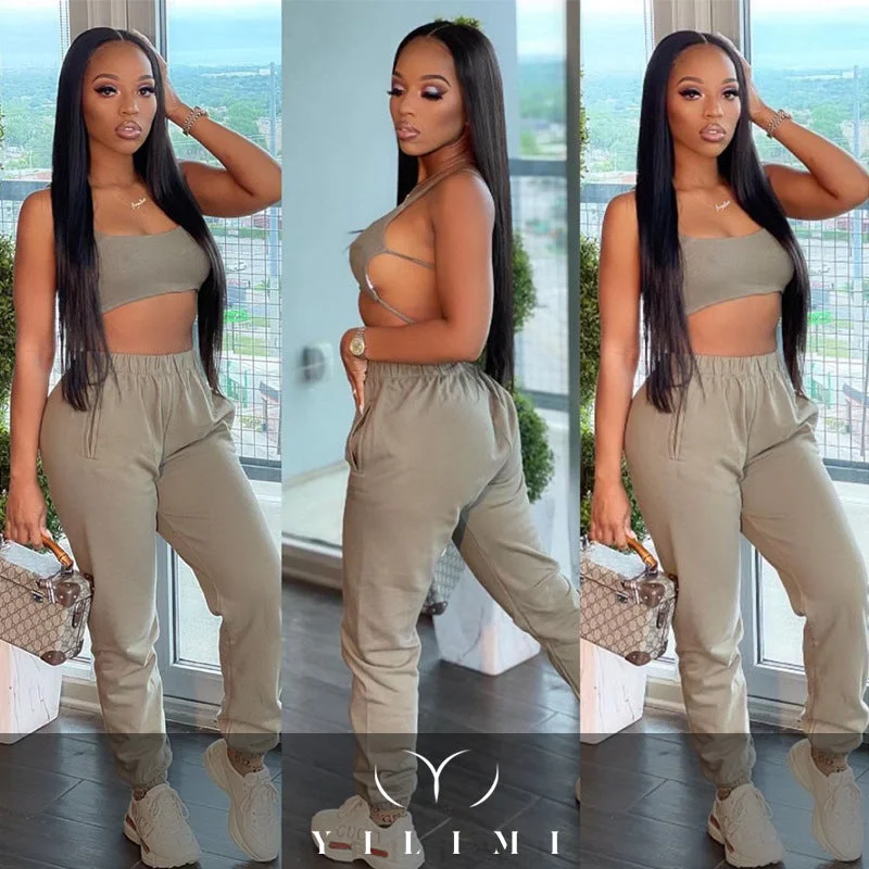 2021 Good Quality Custom Logo Sexy Vest  Elastic-waisteds Trousers Two Piece Pants Set Comfy Workout Jogger Set Women