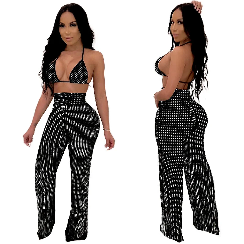 Boutique Clothing Women Two Piece Pants Set Women Hot Drill Sexy Black Halter Bra Top And Pants Two Pieces Set