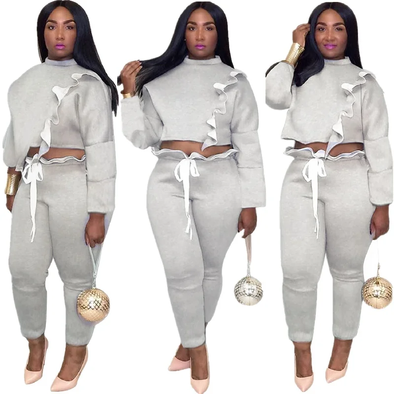 Casual Women 2 Piece Outfits Ruffle Crop Top Sweatshirt and Pants Sweatsuits Set Tracksuits Trousers Jogger