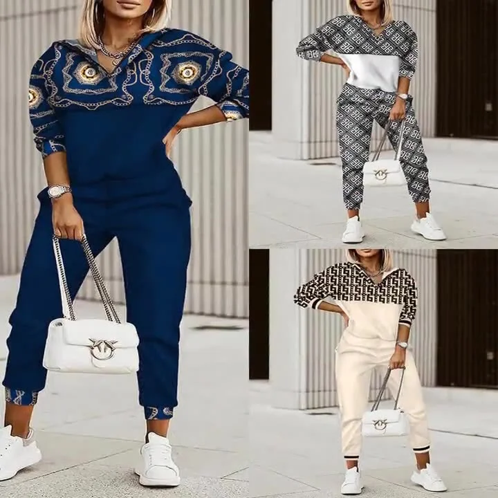 Spring fall new women's two sets ladies casual sports long sleeve pants fashion print 2 piece women set clothing