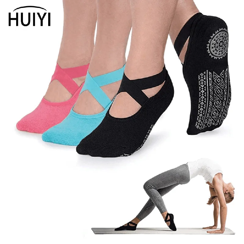 Yoga Socks for Women Non-Slip Grips & Straps, Bandage Cotton Sock, Ideal for Pilates Pure Barre Ballet Dance Barefoot Workout